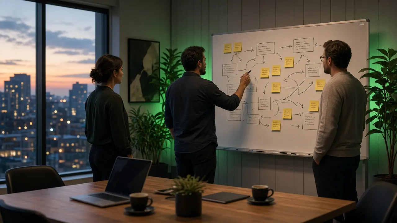 Three people mapping a workflow with arrows and sticky notes on a whiteboard in a meeting room at dusk