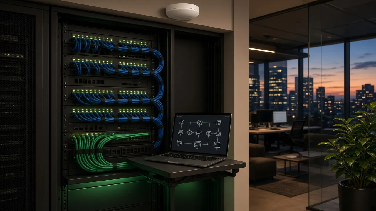 Network rack with neatly bundled patch cables and green status lights beside a laptop showing a network diagram