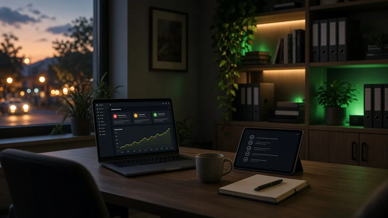 Small office desk at dusk with a laptop showing alert cards and a cost chart, a tablet checklist and a notepad