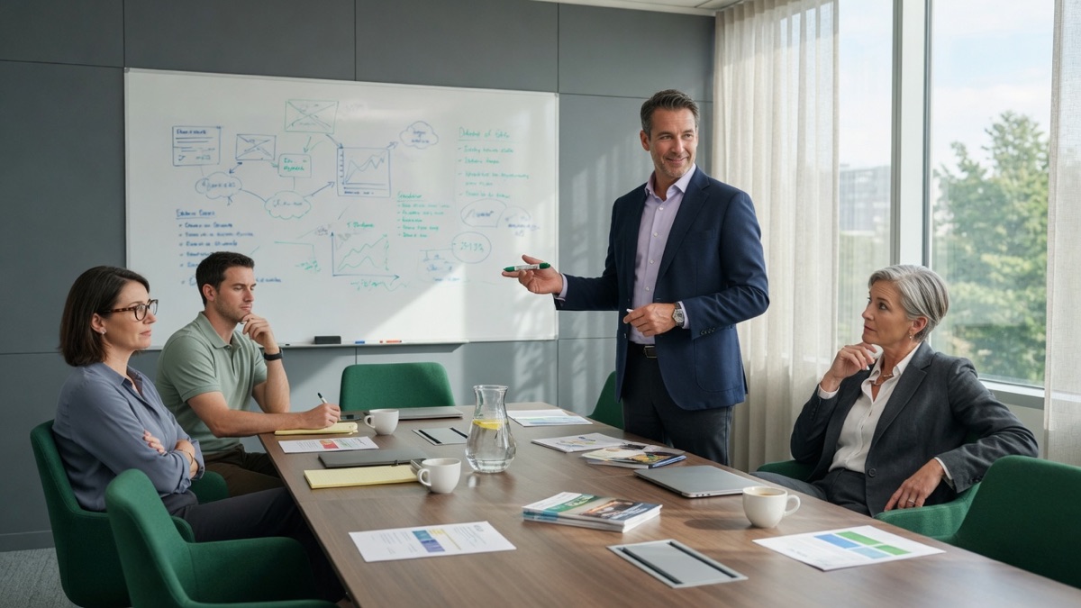 Independent advisors reviewing a vendor presentation in a conference room