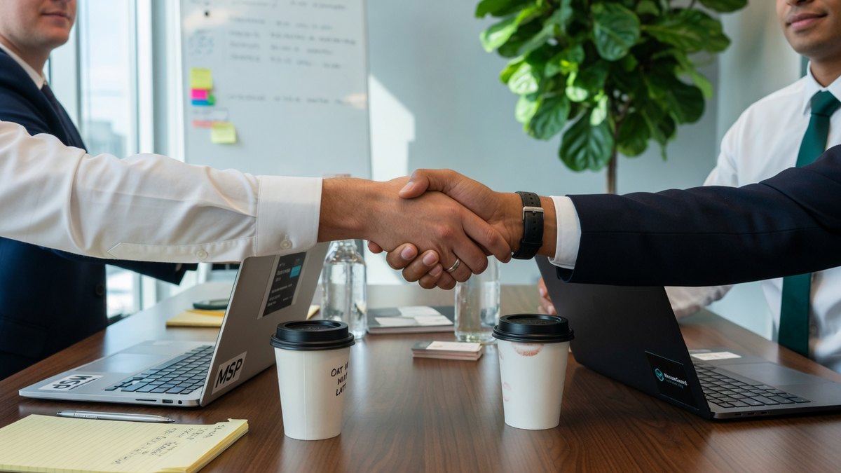 Business partnership handshake across a conference table with laptops