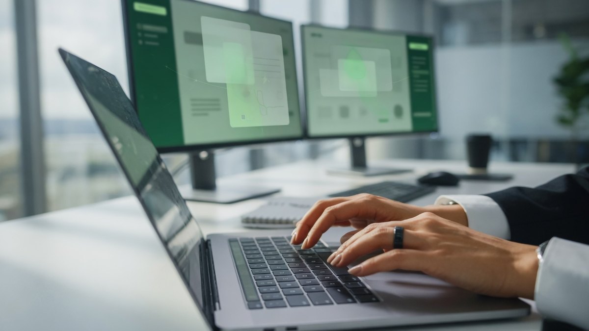 Hands typing on a laptop in a modern tech office with dual screens