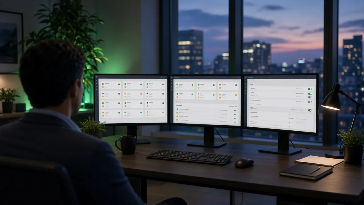 Person at three monitors showing status cards, a task queue and approval switches, in an office at dusk