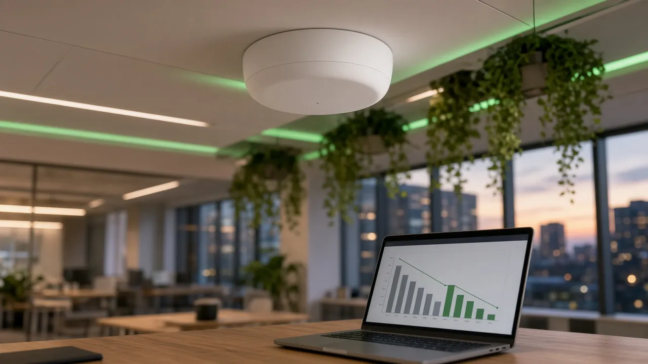 Ceiling-mounted wireless access point above an open office, with a laptop on a desk showing monthly costs trending down