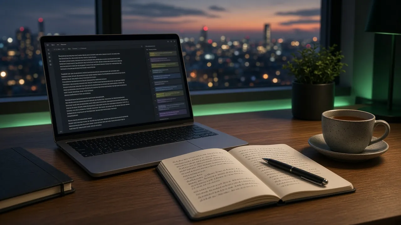 Laptop with a draft document and review comments beside an open handwritten notebook and a cup of tea, on a desk at dusk